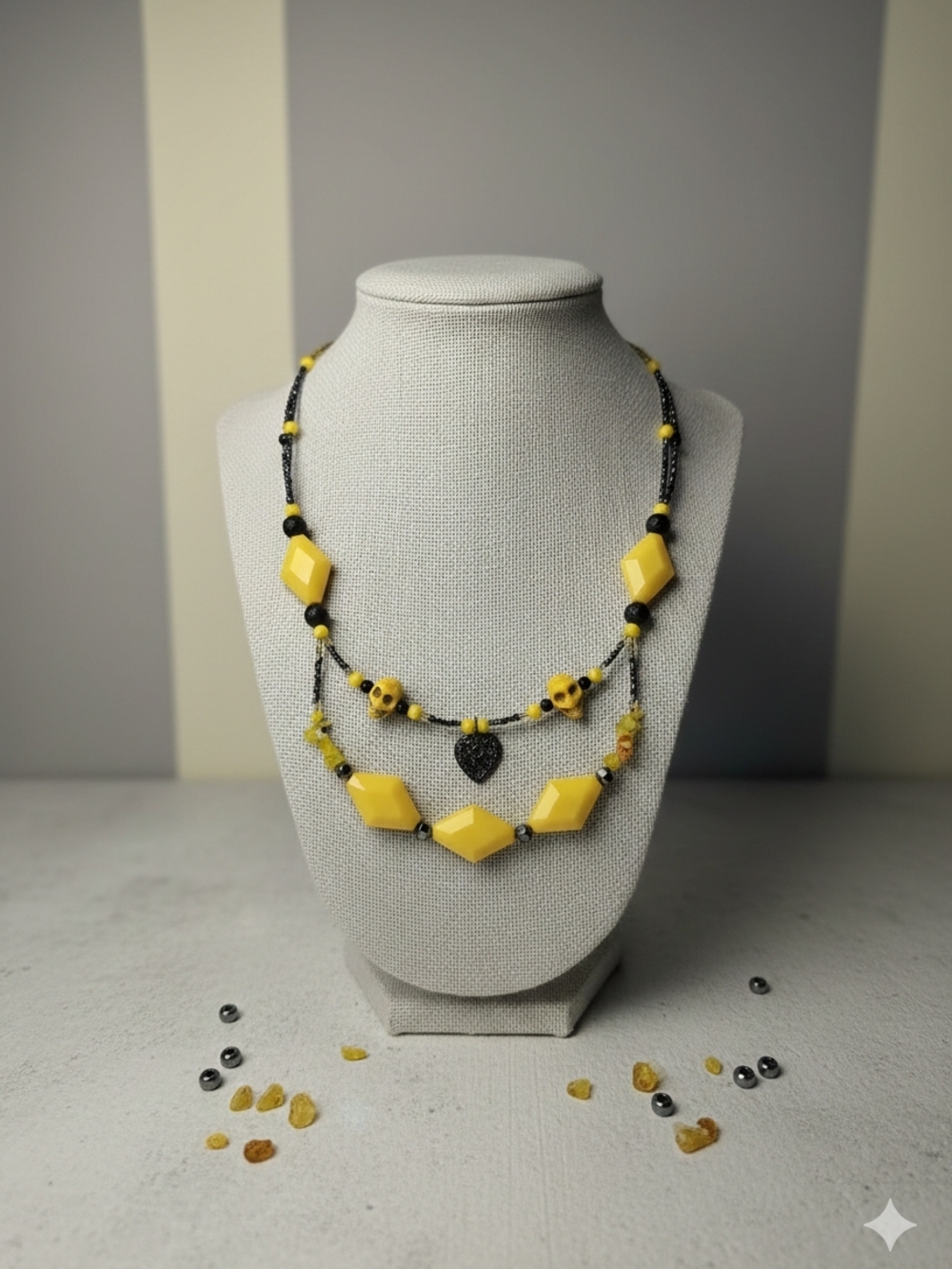 Yellow and Black Multi-Strand Beaded Necklace with Heart Pendant